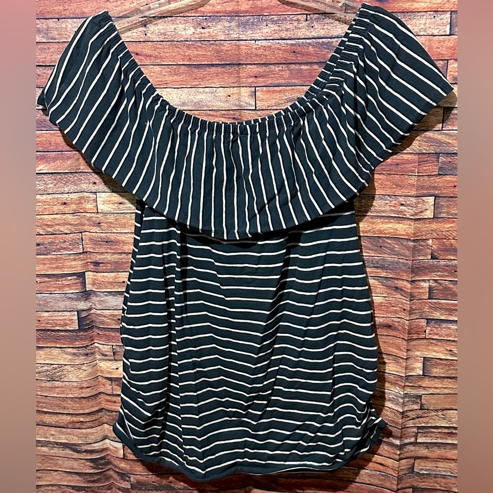Navy Blue & White Striped Off the Shoulder Maternity Top